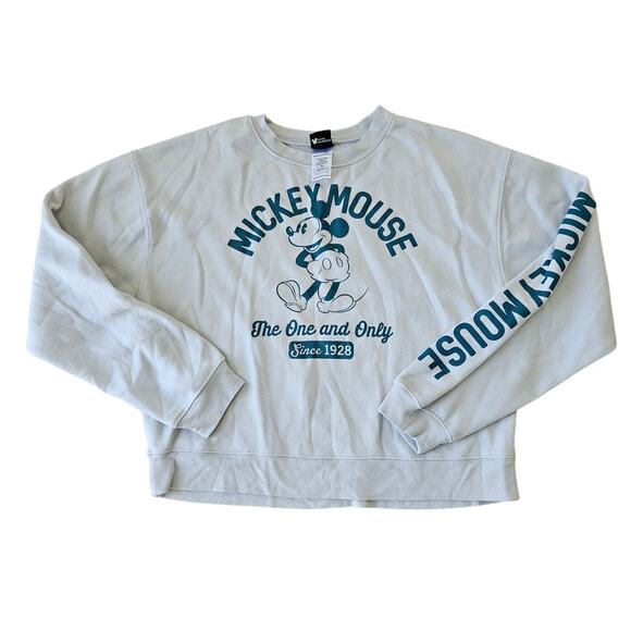 Disney Mickey Mouse Light Blue Cropped Crew Neck Sweatshirt Medium Vacation - Picture 1 of 6